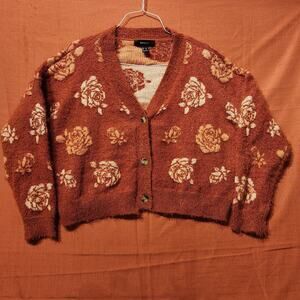 Burnt Orange Sz 3XL Cropped Floral Long Sleeve Button Down Cardigan Cozy Sweater
